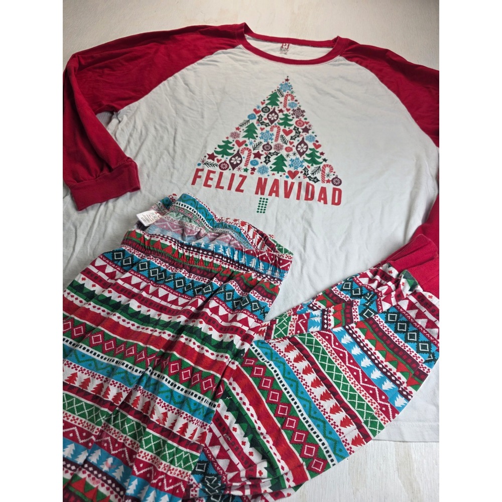 PJ Place Feliz Navidad Christmas Pajama XXL 2-Piece Cotton Fair Isle Red White